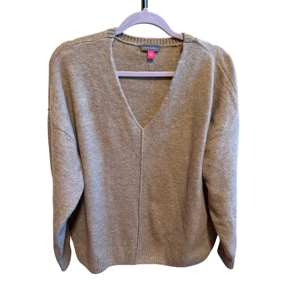 Vince Camuto Womens Large V Neck Sweater Taupe Exposed Seam Relaxed Pullover - Picture 2 of 8